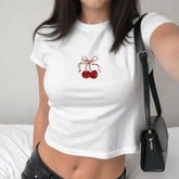 Cherry Baby Tee – White Aesthetic Crop Top