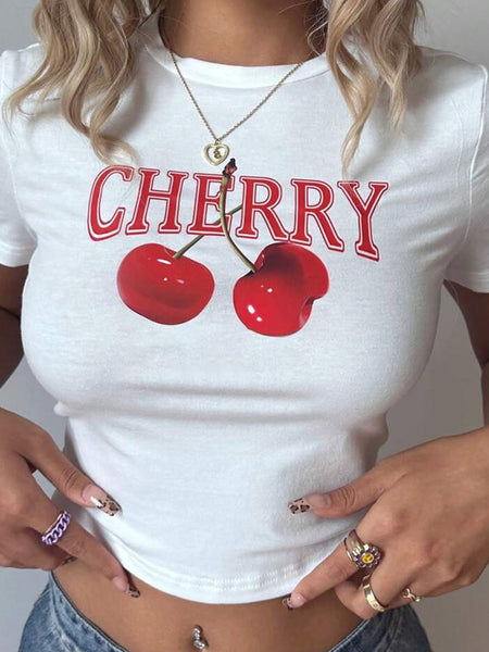 Cherry Graphic Baby Tee – White Crop Top
