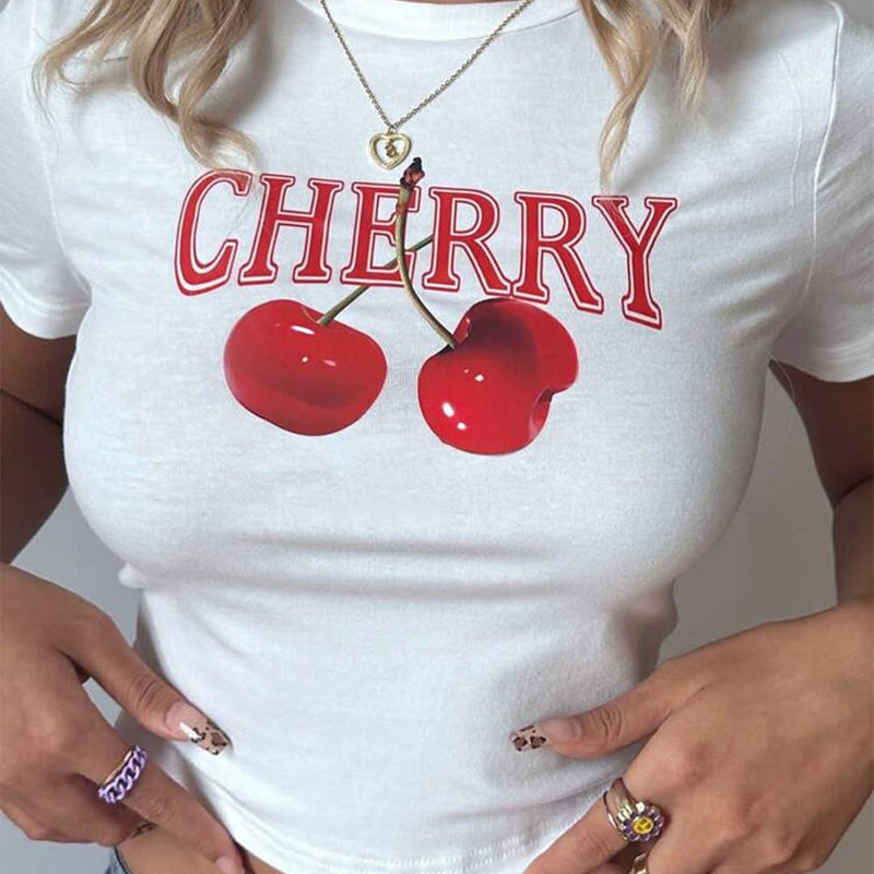 Cherry Graphic Baby Tee – White Crop Top