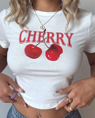 Cherry Graphic Baby Tee – White Crop Top