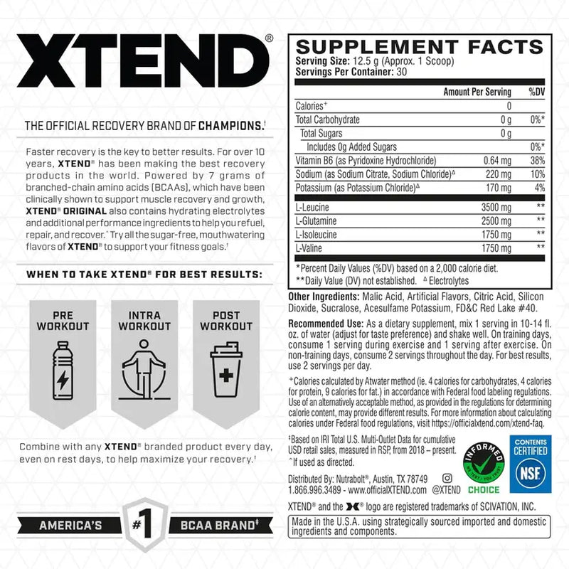 Cellucor XTEND BCAA Powder – Authentic, Zero-Sugar Muscle Recovery (7 g BCAAs + Electrolytes)