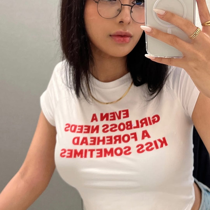 Girlboss Baby Tee for Women – Black Cropped Forehead Kiss Graphic Top