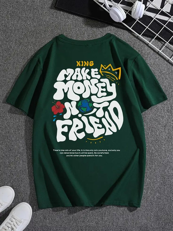 Green Oversized Streetwear T-Shirt for Men – “Make Money Not Friends” Graphic Tee