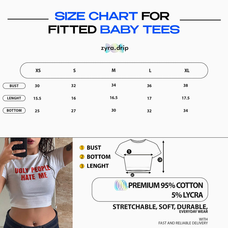 Size chart for fitted baby tees with zyra.drip branding and a person wearing a white t-shirt.