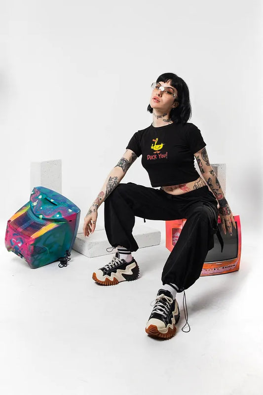 Duck You Graphic Baby Tee | Black Crop Top for Gen Z