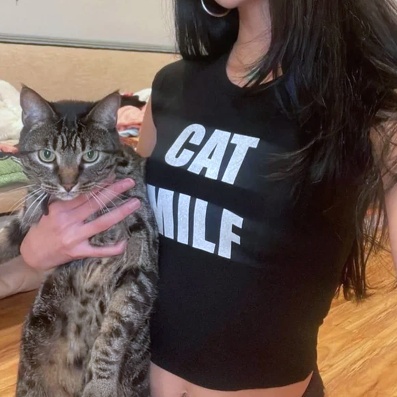 Cat MILF Printed Baby Tee for Women | Y2K Graphic Crop Top | Slim Fit Cotton T-Shirt