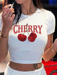 Cherry Graphic Baby Tee – White Crop Top