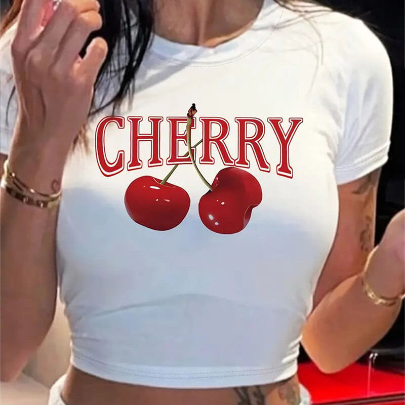 Cherry Graphic Baby Tee – White Crop Top