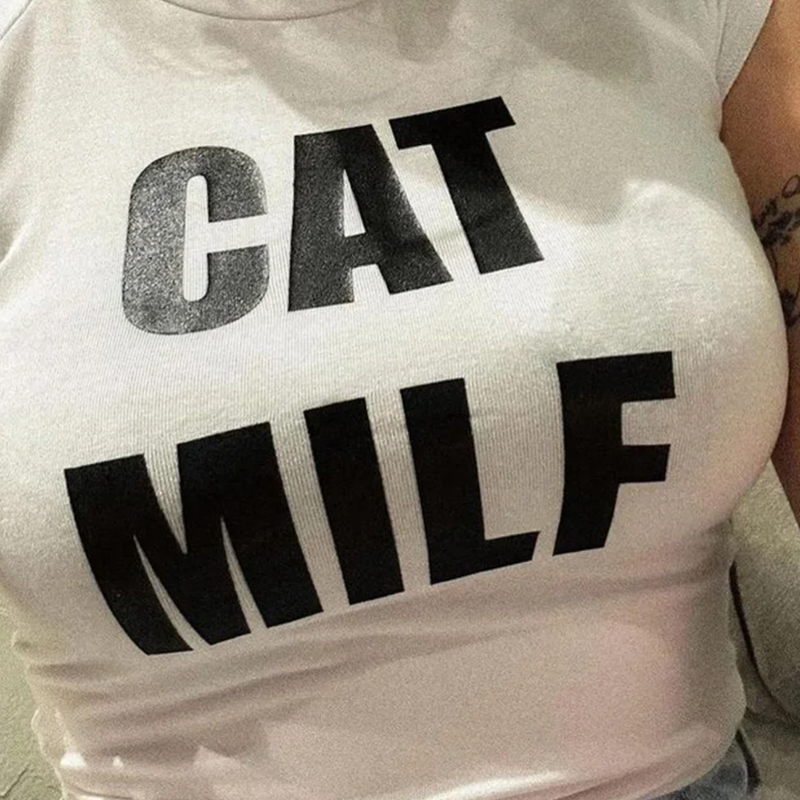Cat MILF Printed Baby Tee for Women | Y2K Graphic Crop Top | Slim Fit Cotton T-Shirt