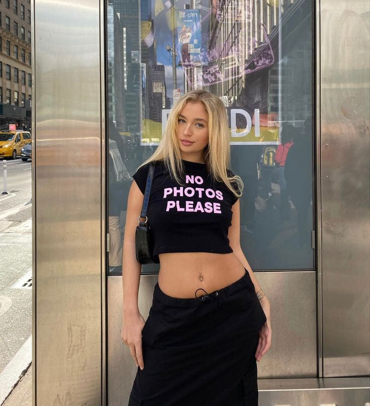 No Photos Please Crop Top – Black Baby Tee