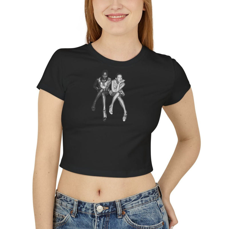 Retro Model Graphic Baby Tee for Women – Cropped Streetwear Top in Black