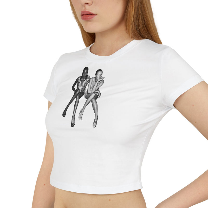 White Baby Tee for Women with Retro Model Graphic – Cropped Streetwear Top | White