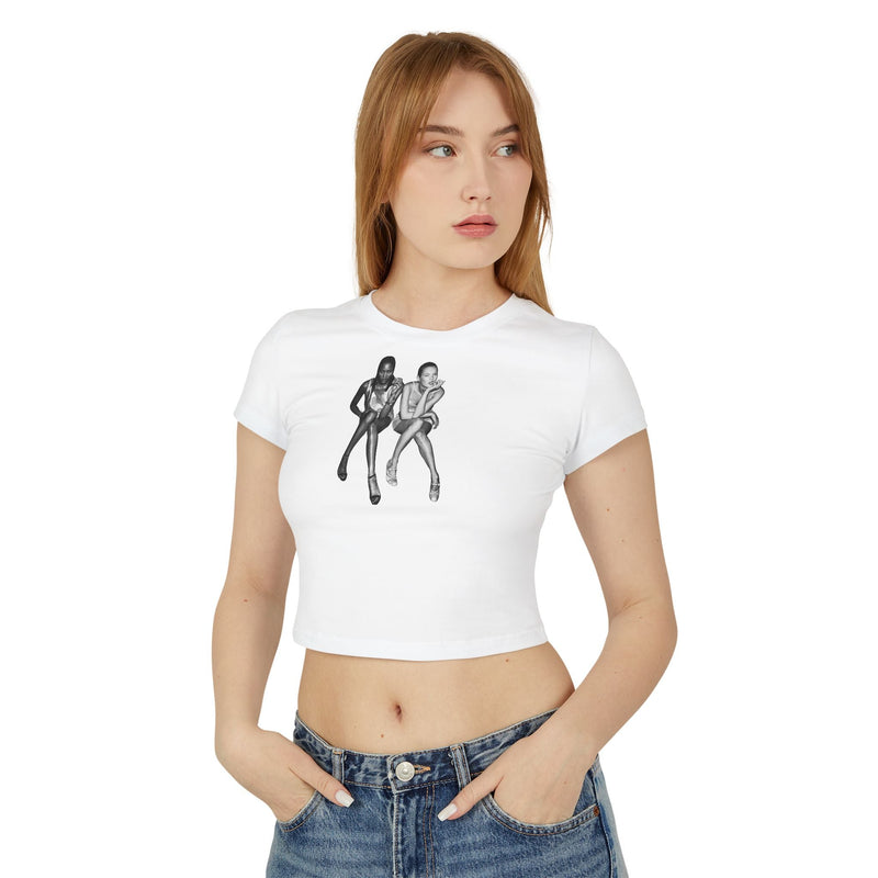 White Baby Tee for Women with Retro Model Graphic – Cropped Streetwear Top | White