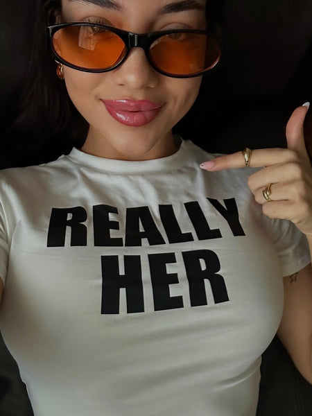 Really Her White Baby Tee for Women | Slim Fit Crop T-Shirt with Bold Text Print