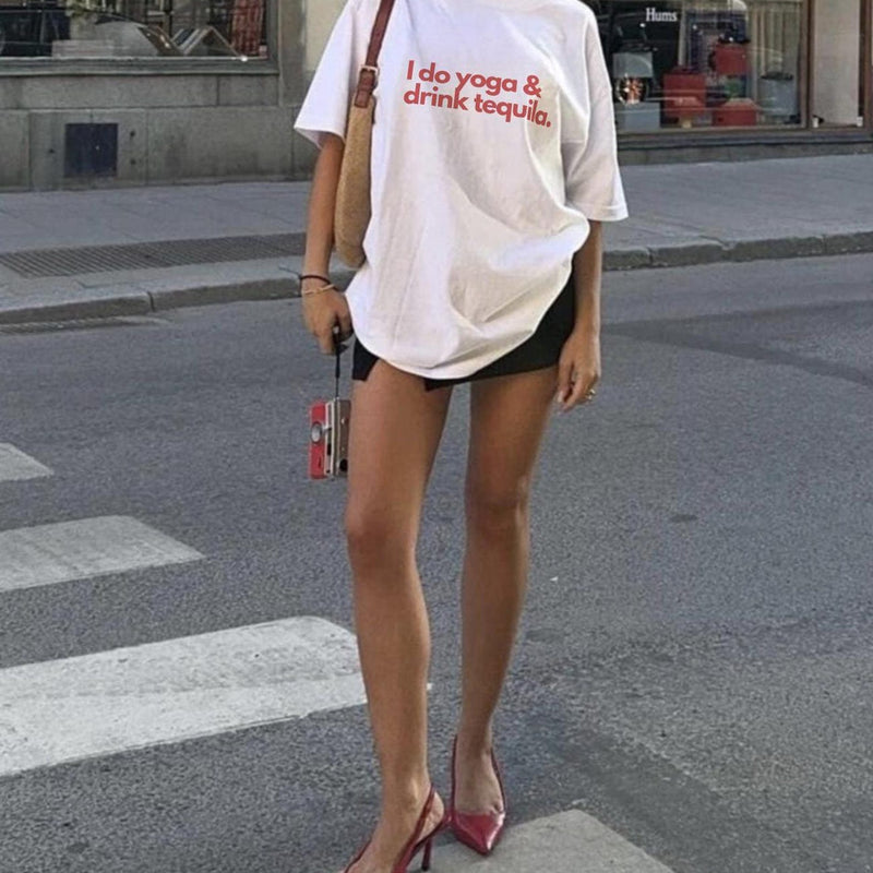 Yoga & Tequila T-Shirt for Women | Funny Graphic Oversized Tee