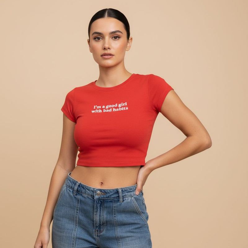 Good Girl with Bad Habits Red Crop Top – Women’s Bold Streetwear Baby Tee | Zyra Drip